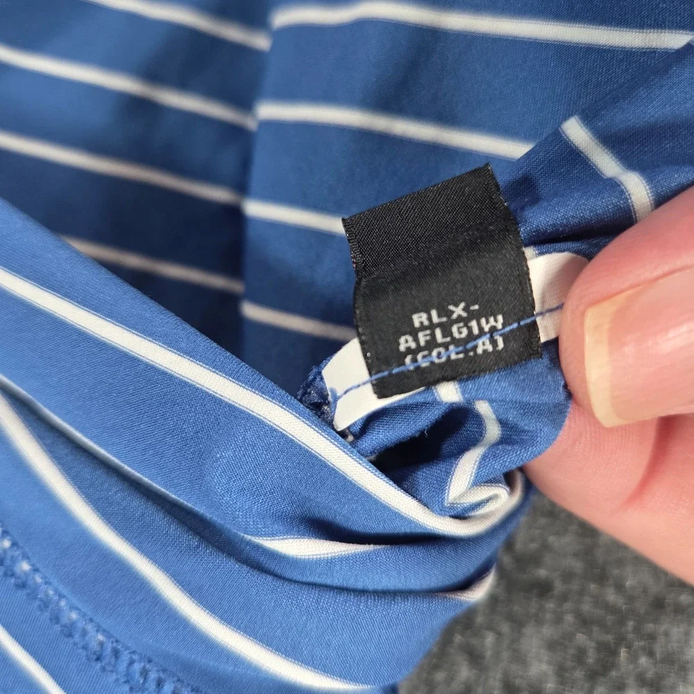 RLX Ralph Lauren Polo Shirt Performance Blue White Striped Mens XL Fit= 2XL Golf